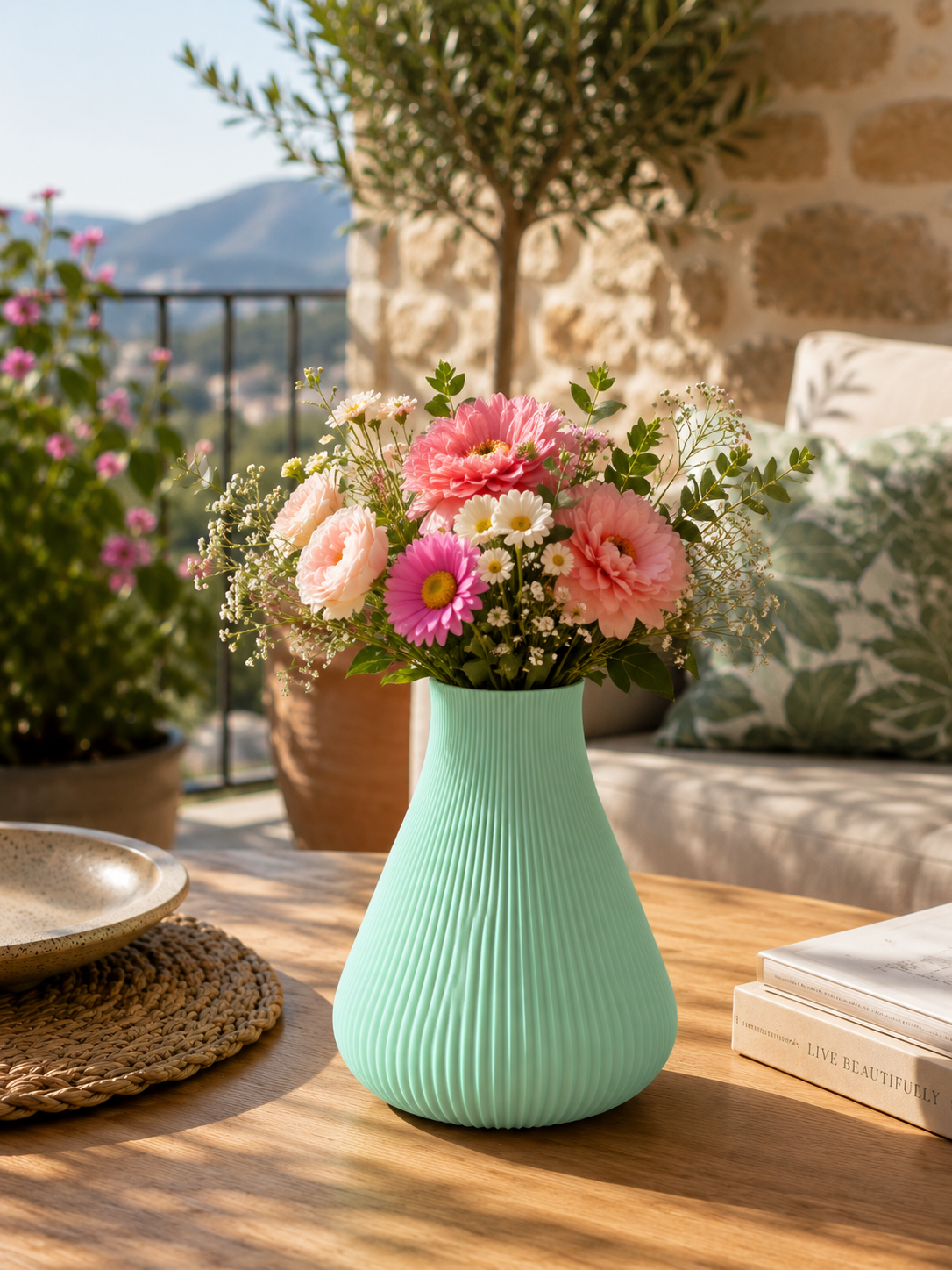 Contemporary 3D printed decorative vase with colorful flowers displayed on a luxury outdoor terrace. Modern flower vase for patio, balcony, garden, living room and stylish home…