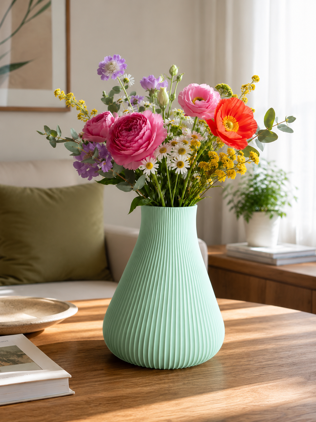 Elegant 3D printed flower vase displayed in a modern living room with a colorful floral arrangement. Contemporary home decor centerpiece, decorative vase for fresh flowers,…