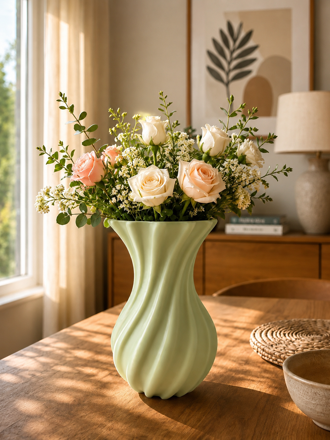 Elegant 3D printed modern flower vase with soft pastel roses, luxury floral arrangement, contemporary home decor centerpiece, designer vase for living room, dining table and office decoration.