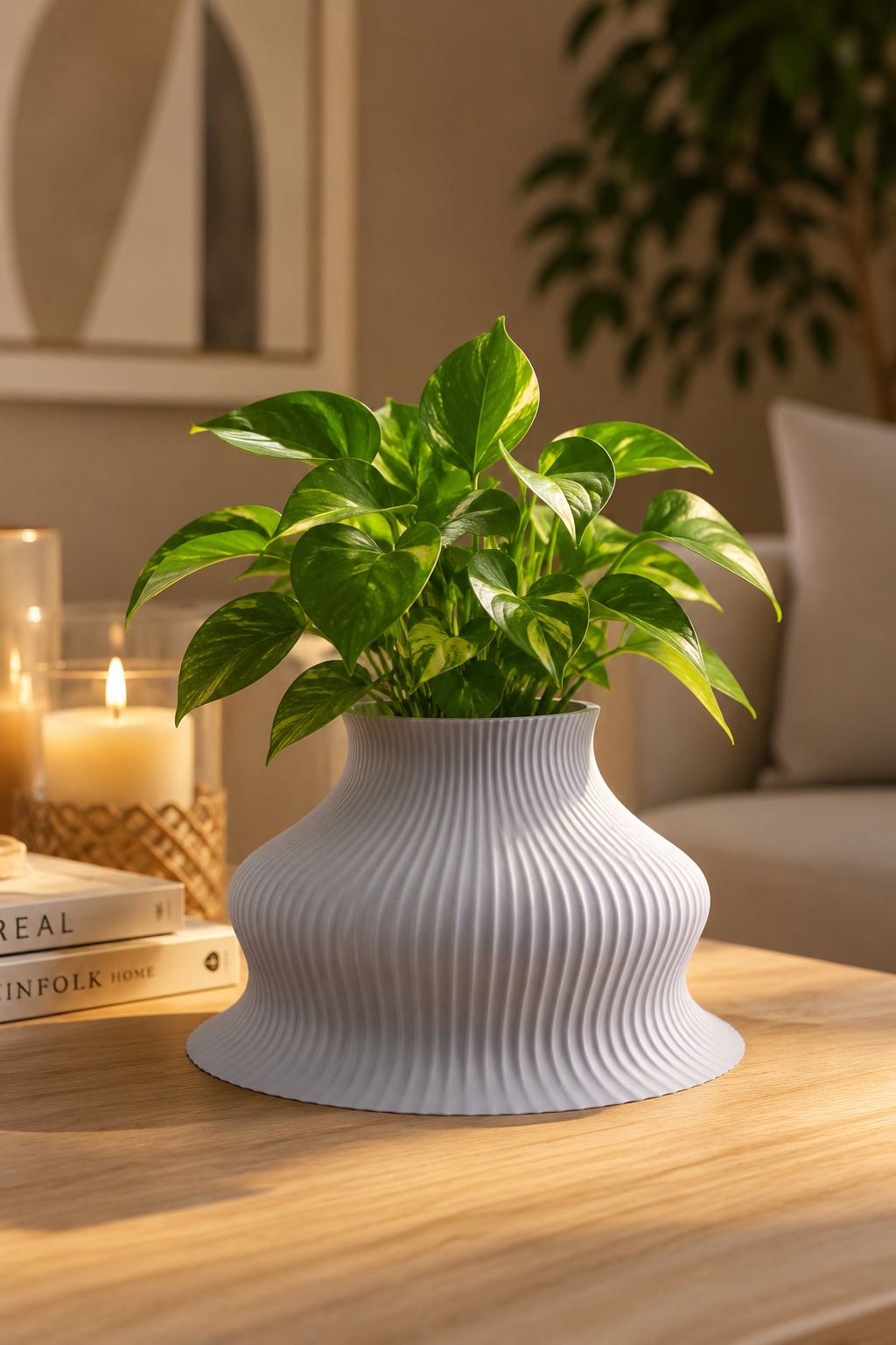 Elegant 3D printed PETG decorative vase displayed in a modern living room with a vibrant green indoor plant. Contemporary home decor perfect for shelves, tables, offices and…