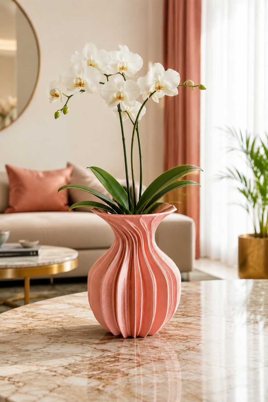Elegant 3D printed pink designer vase with white orchid flowers on a marble table in a luxury modern living room. Decorative PETG flower vase for contemporary home decor, made in Italy.