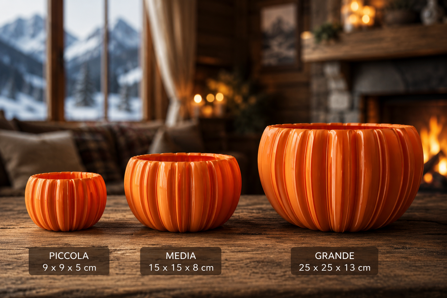 Modern orange 3D printed planter available in three sizes for indoor plants and home decoration. Designer flower pot for modern living rooms, offices, shelves and luxury interior decor.