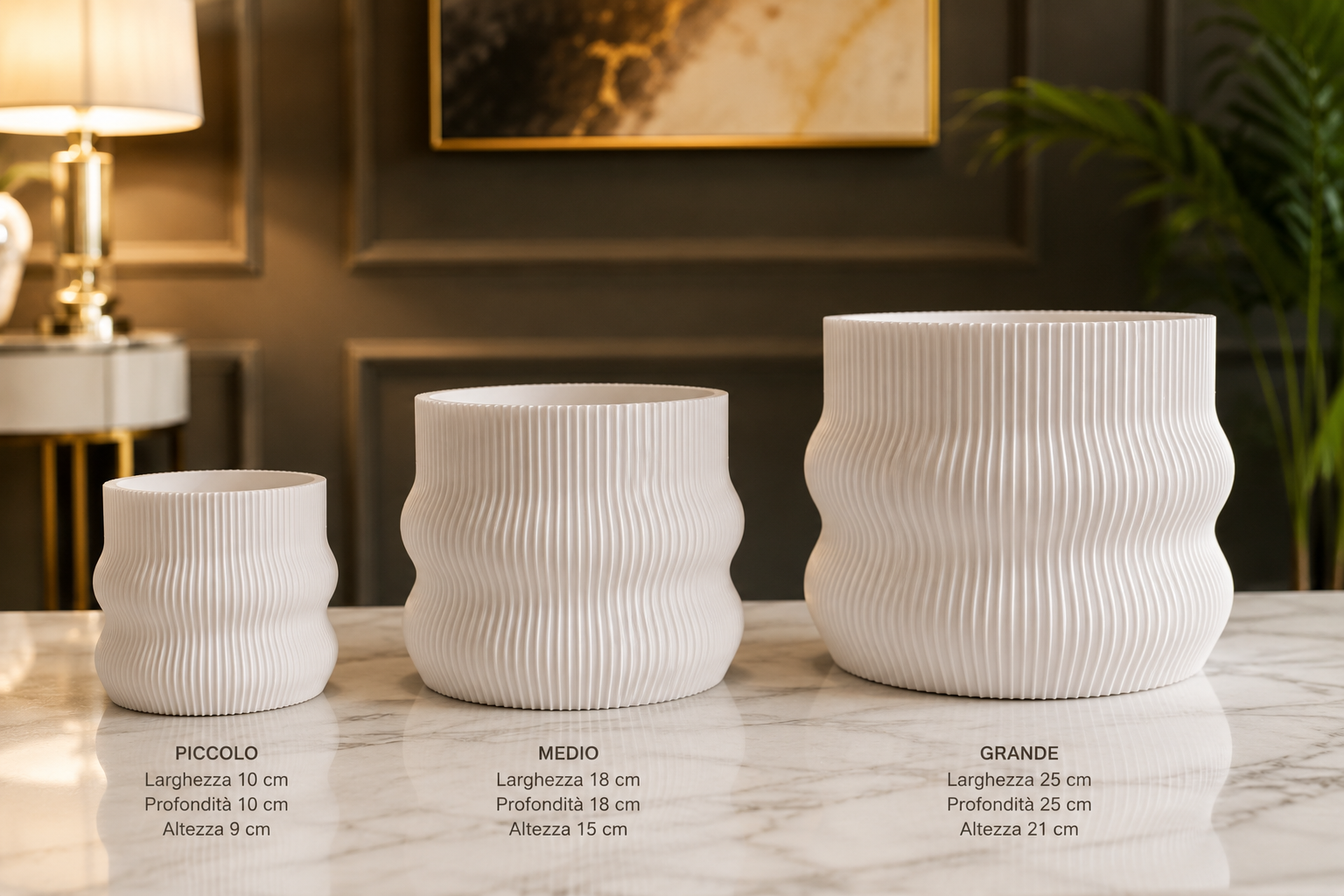 Collection of modern 3D printed decorative flower pots available in three sizes: small, medium and large. Premium PETG planters with elegant ribbed contemporary design for indoor plants, flowers, home decor and luxury interior styling. Made in Italy.