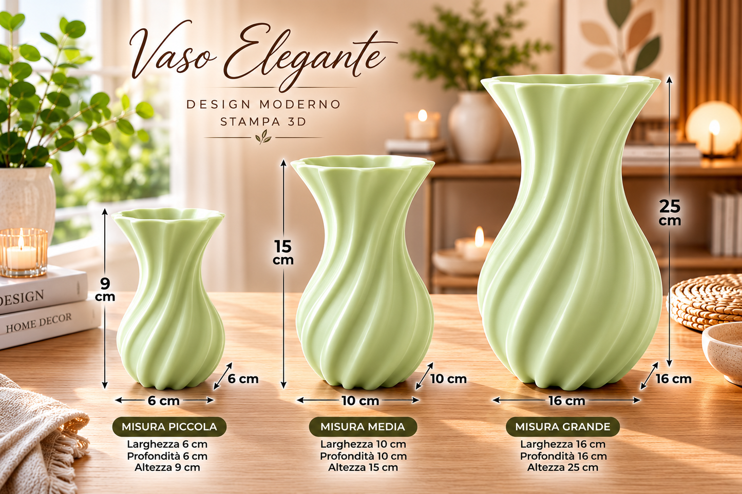 Premium 3D printed decorative vase available in small, medium and large sizes, modern spiral design for flowers, indoor plants, shelf styling and luxury home decoration.