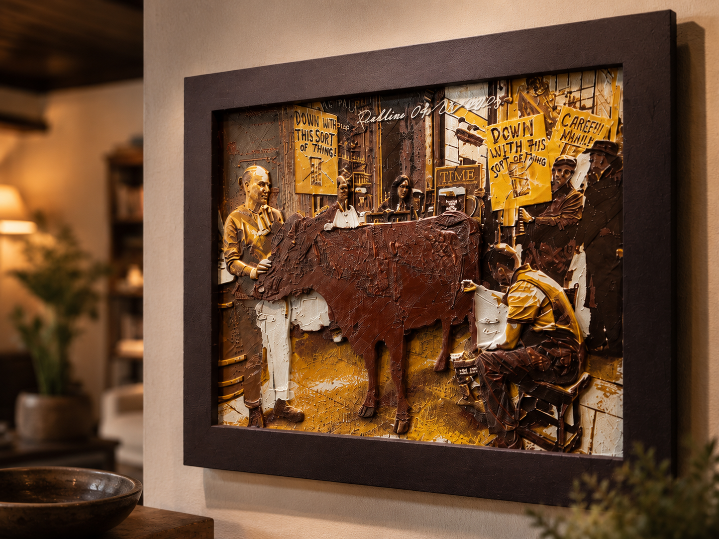 Premium handmade 3D relief wall artwork featuring a highly detailed sculptural scene in a modern luxury interior. Textured wall art designed to elevate living rooms, offices, studios and contemporary home decor with artistic depth and elegance.