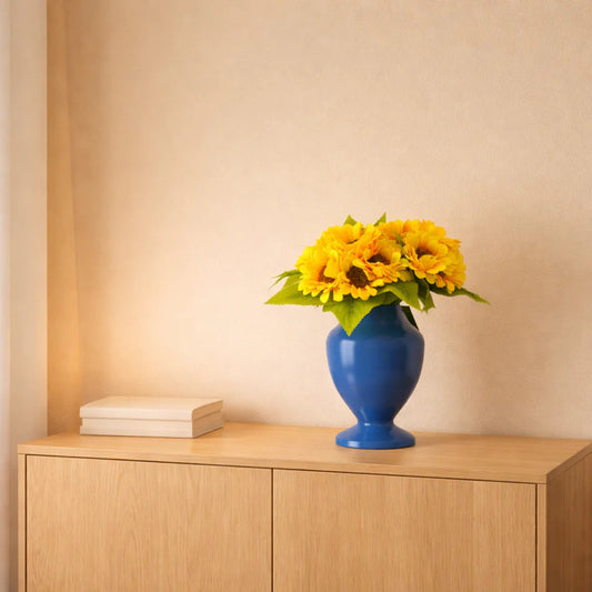 Blue decorative flower vase with sunflowers, modern home decor, contemporary interior design, elegant 3D printed vase.