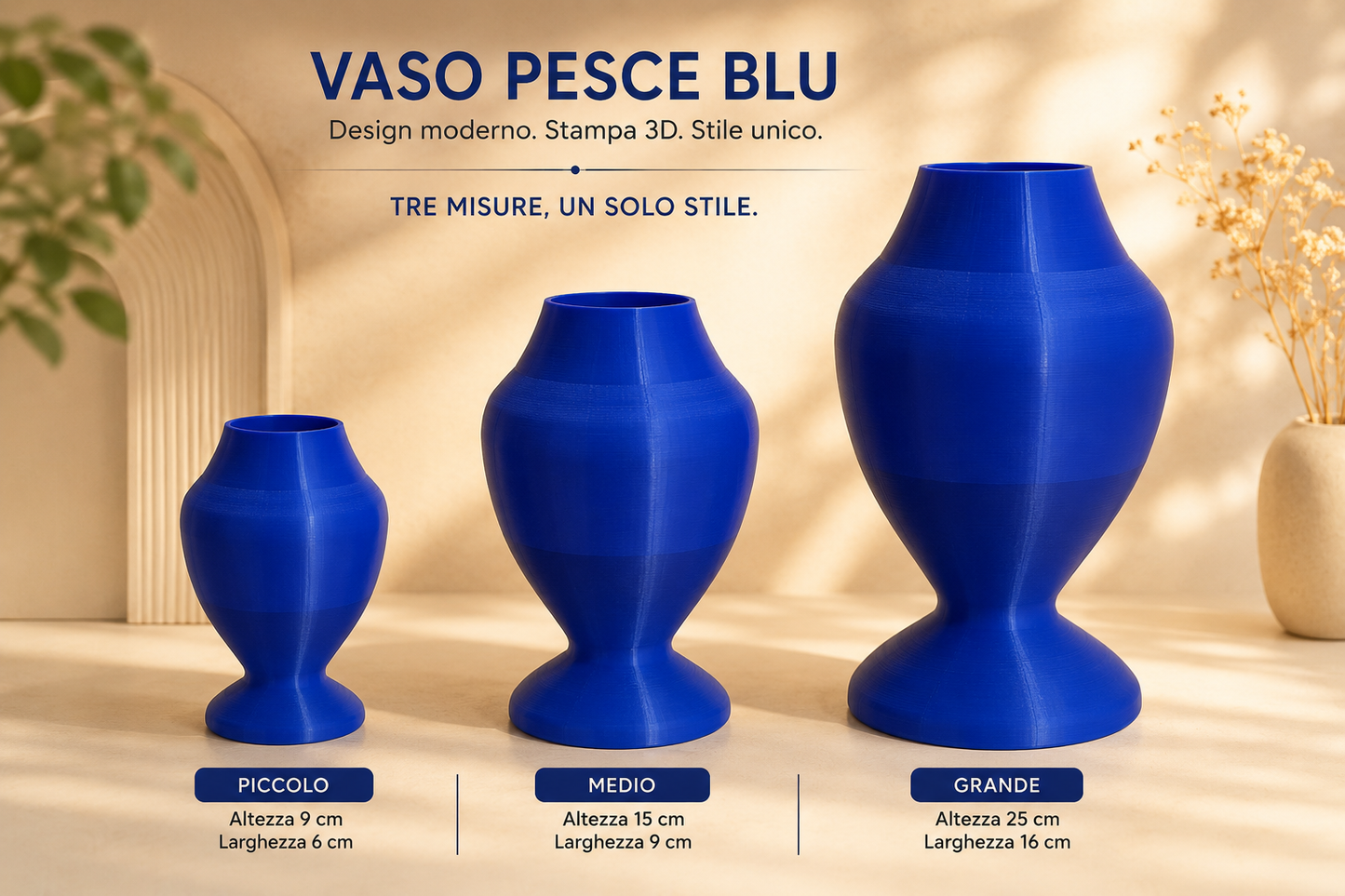 Three blue 3D printed decorative vases displayed in different sizes. Modern designer flower vases for contemporary home decor, interior styling, living room decoration, office decor and luxury home accessories. Made from durable PETG material.