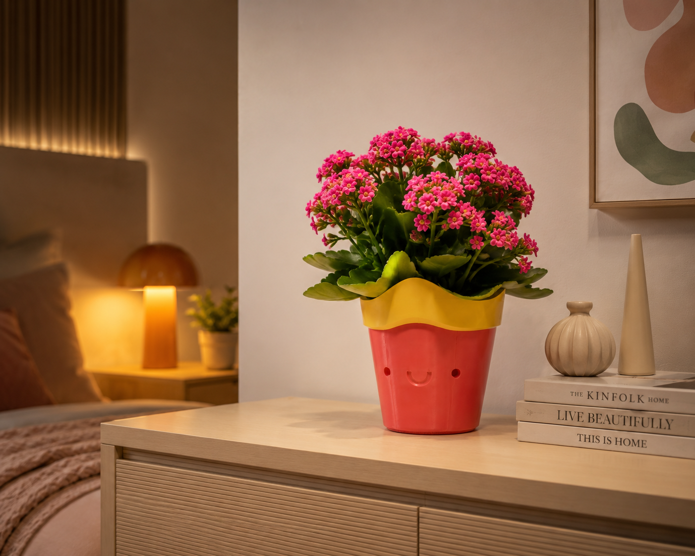 Designer 3D printed flower pot with colorful finish and blooming plant, showcased on a premium cabinet inside a modern bedroom with warm ambient lighting.