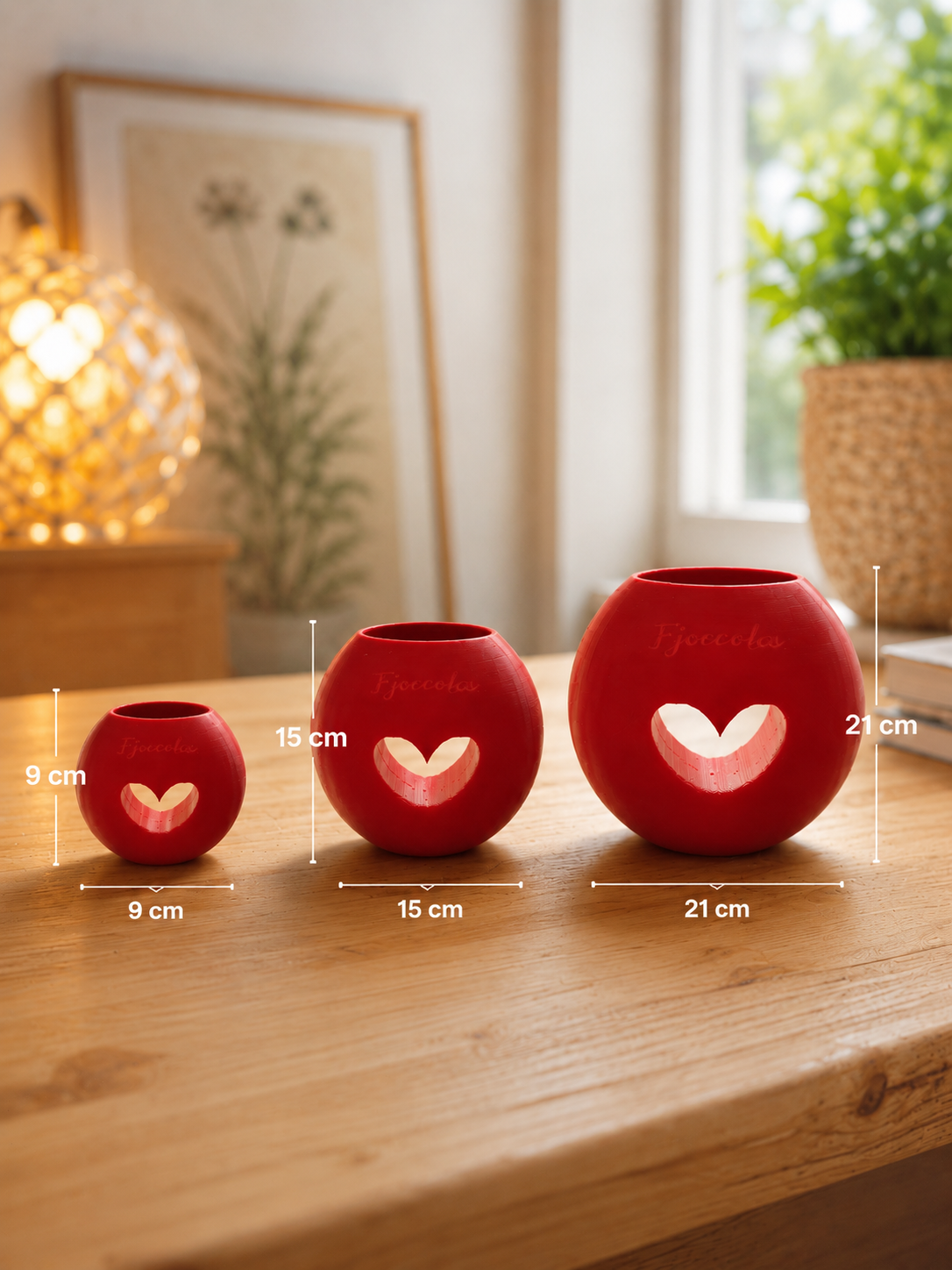 Modern 3D printed decorative vase available in three sizes: 9 cm, 15 cm and 21 cm. Stylish flower vase with heart design, perfect for living room decor, office decoration, shelf styling, table centerpiece and modern home accessories.