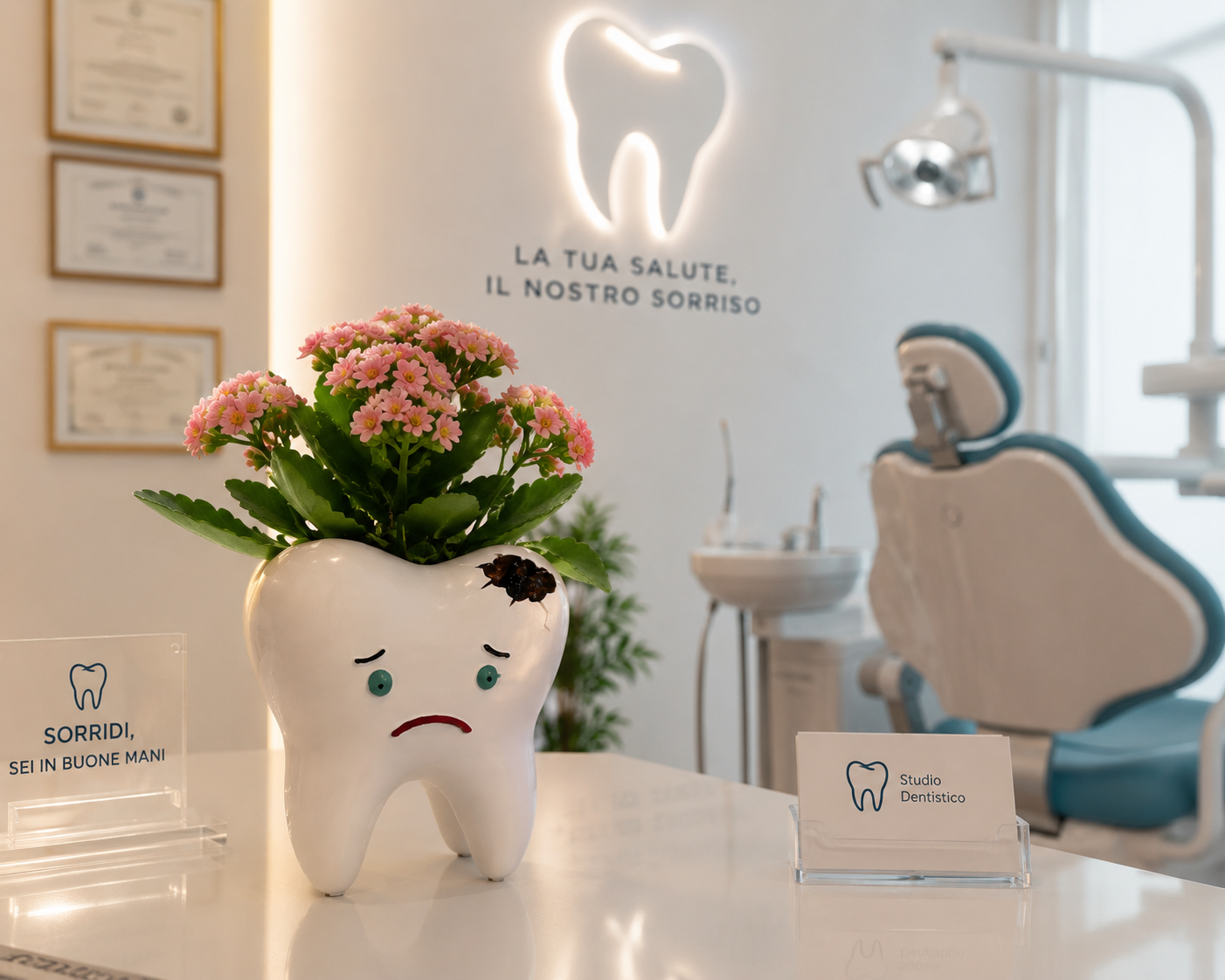 Decorative tooth pot with plant for dentist office reception and waiting room