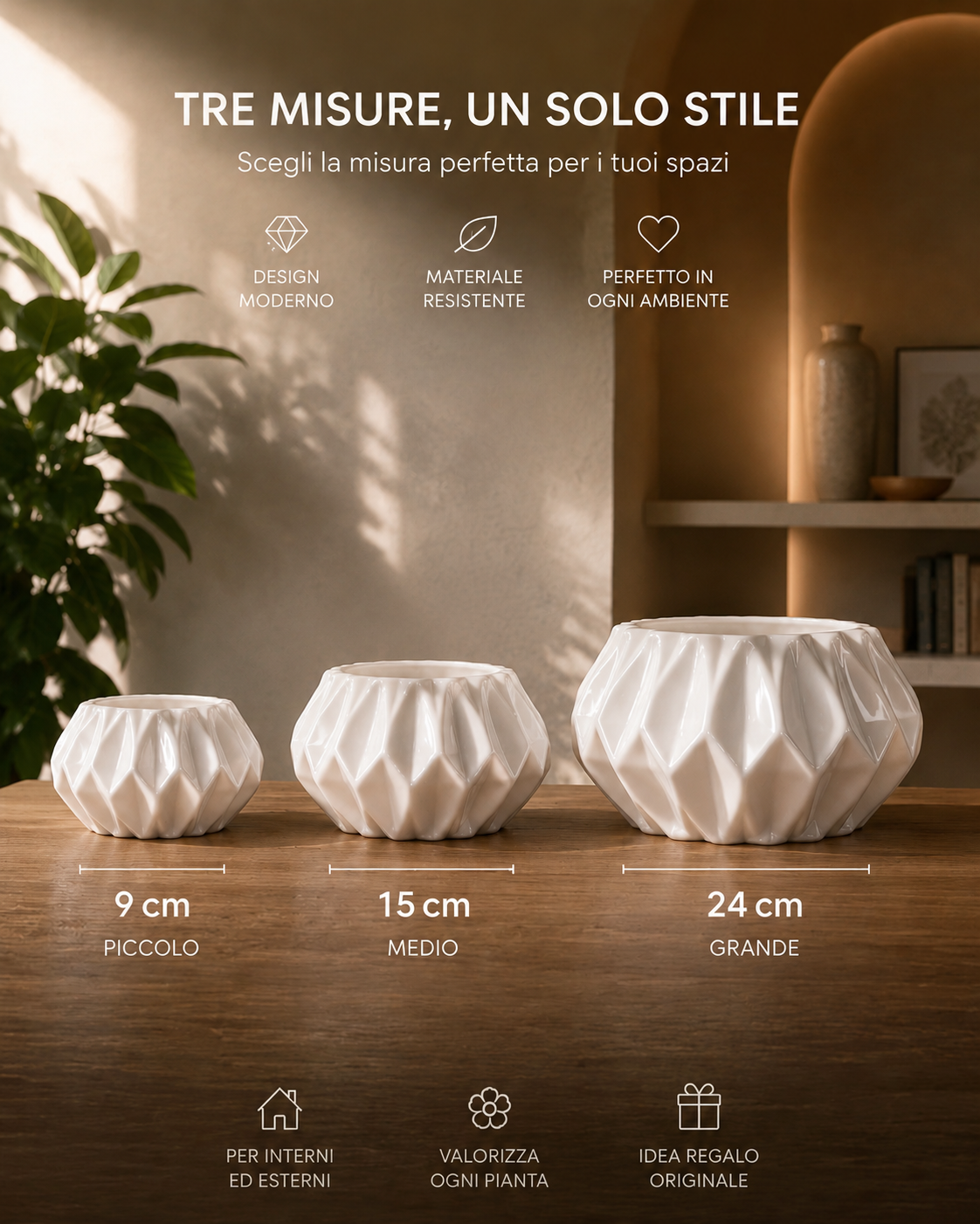 Modern geometric decorative planter available in three sizes (9 cm, 15 cm and 24 cm width), professionally 3D printed in premium PETG. Elegant flower pot for indoor plants, fresh flowers, home decor, office decoration, minimalist interiors and contemporary living spaces. Perfect designer planter for modern homes and stylish gifts.
