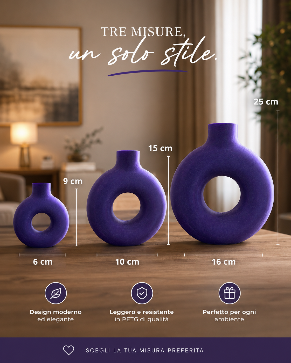 Modern decorative donut vase available in three sizes (9 cm, 15 cm and 25 cm). Premium 3D printed flower vase for luxury home decor, minimalist interiors, Scandinavian decoration, office styling, contemporary furniture, living room decoration and unique gift ideas.