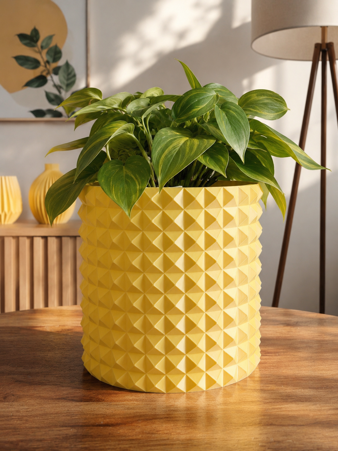 Elegant geometric indoor planter made with 3D printing, featuring a vibrant flowering plant in a stylish modern living room. Perfect decorative flower pot for home decor, office, shelves and tabletops.