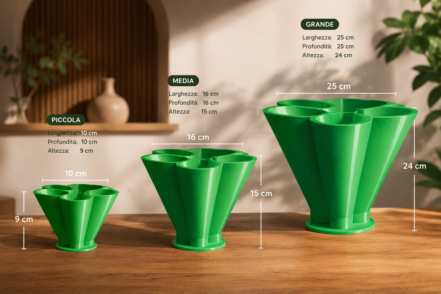 Modern geometric planter available in three sizes for indoor plants. Decorative contemporary flower pots displayed with size comparison for home décor and office decoration.