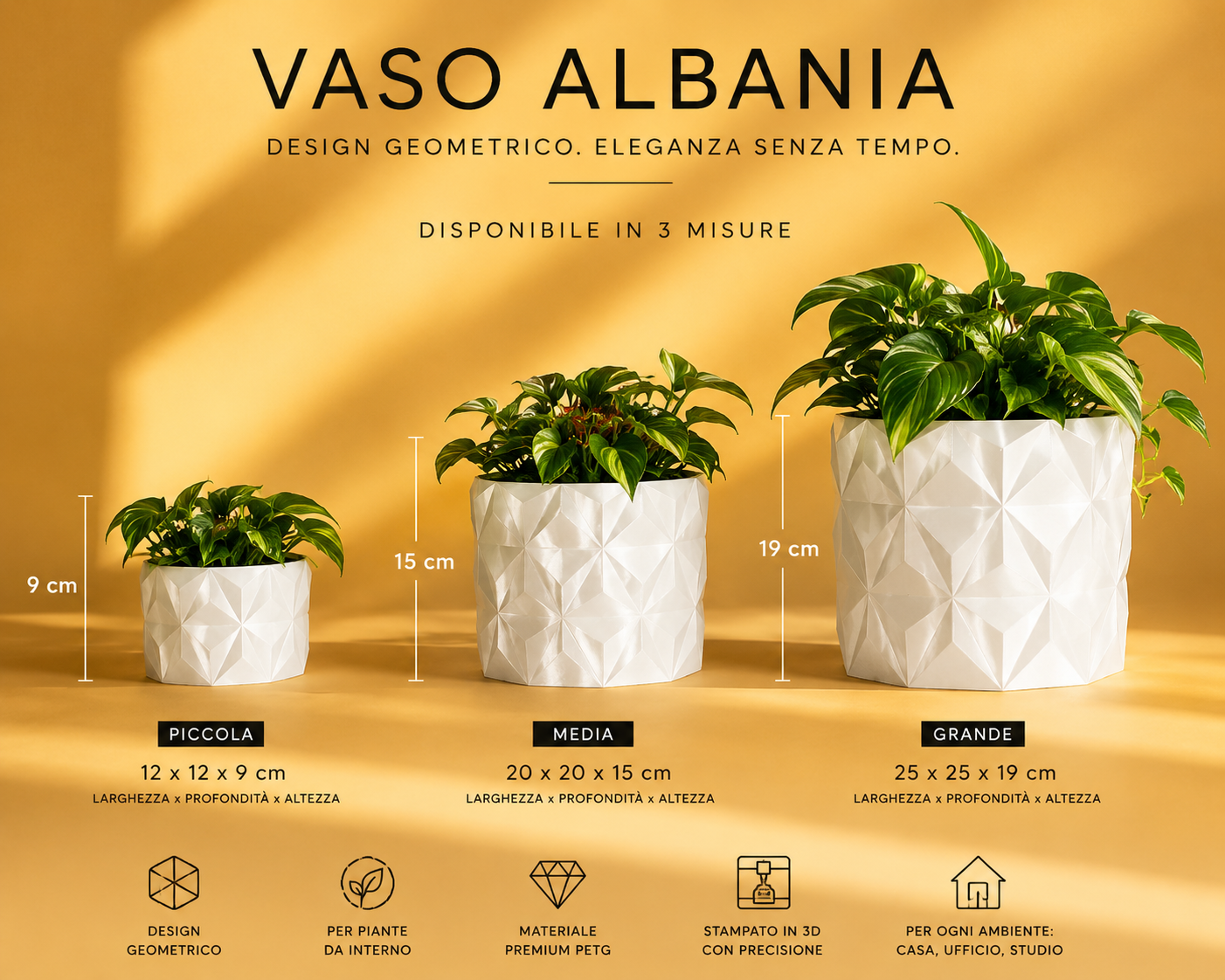 Modern geometric planter set in three sizes (9 cm, 15 cm, 19 cm), decorative indoor plant pots in PETG for home decor, living room styling, modern interior design and contemporary spaces.