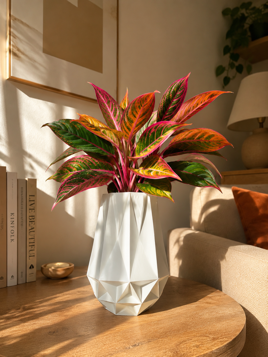 Elegant 3D printed geometric vase with vibrant tropical plant, modern home decor accessory for living room, office desk, interior design and contemporary decoration.