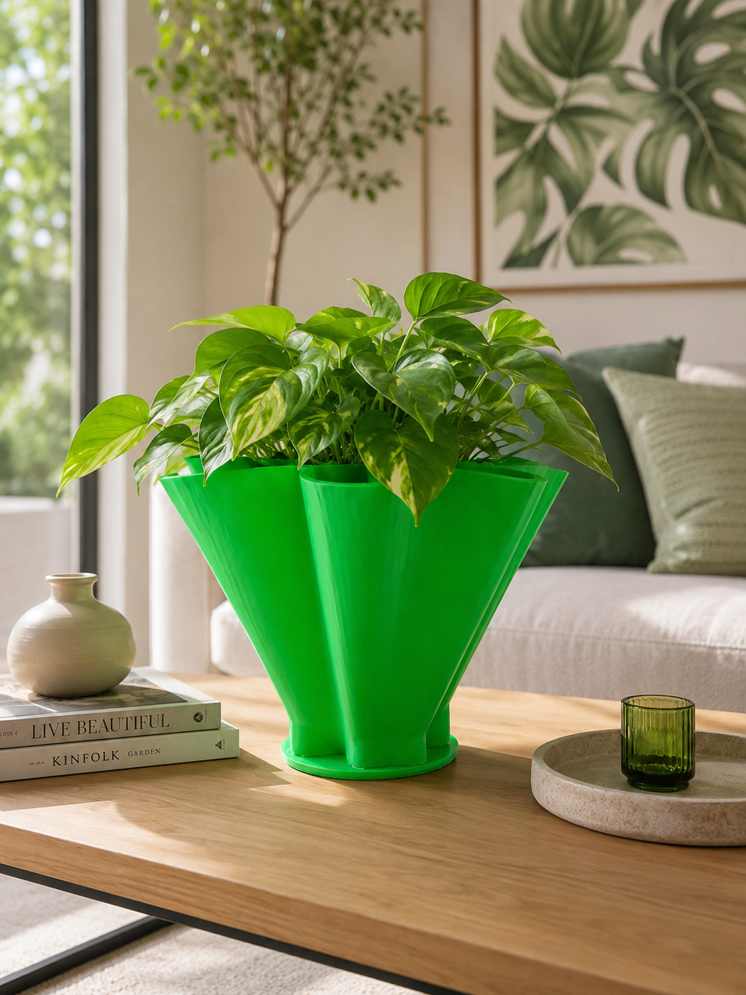 Modern geometric green planter with lush indoor foliage displayed in a luxury Scandinavian living room. Contemporary home décor, designer flower pot, indoor plant decoration, minimalist interior.