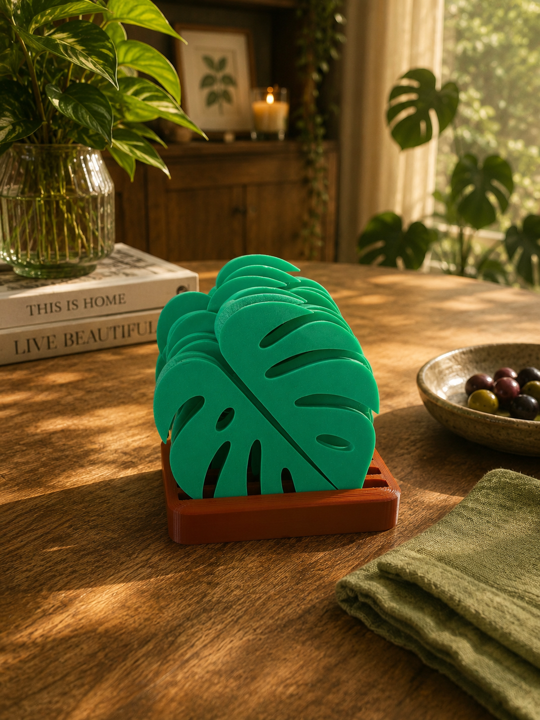 Minimalist Monstera leaf coasters for wine glasses, coffee cups and cocktails. Contemporary botanical home decor designed to add elegance to dining tables, coffee tables and kitchen spaces.
