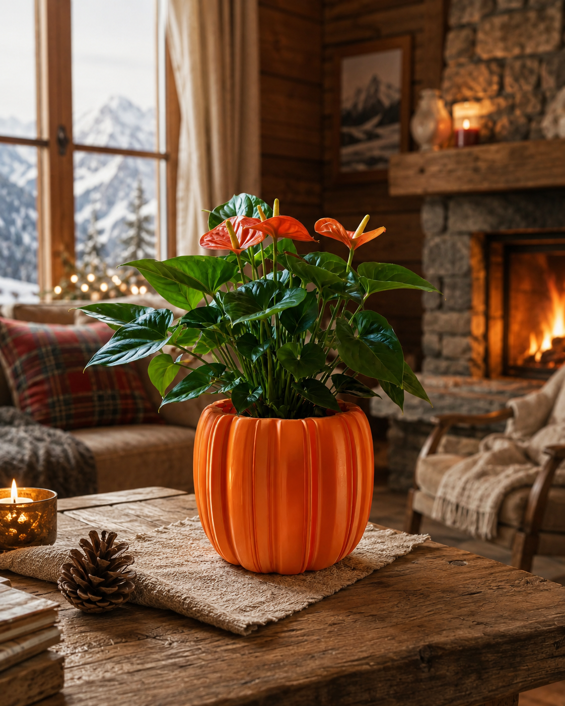 Luxury orange 3D printed planter with lush Anthurium plant displayed inside a cozy mountain cabin. Modern decorative flower pot for living room, chalet home decor, indoor plants and contemporary interior design.