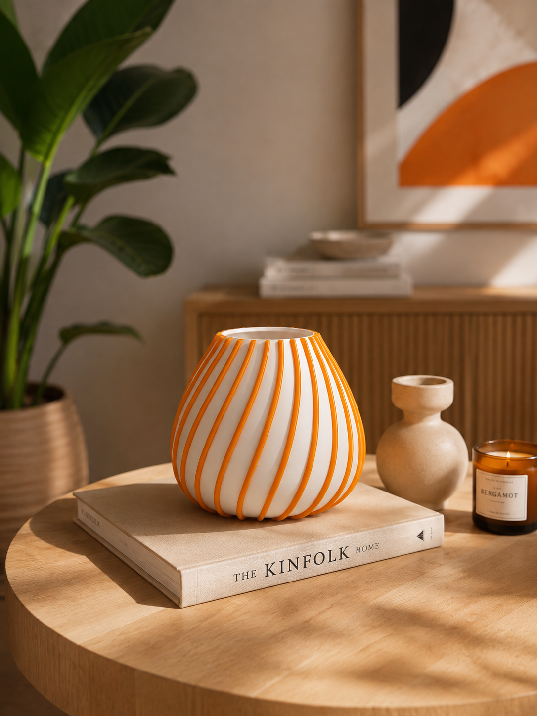 Orange and white striped designer vase displayed on a coffee table in a warm modern Scandinavian-style interior.