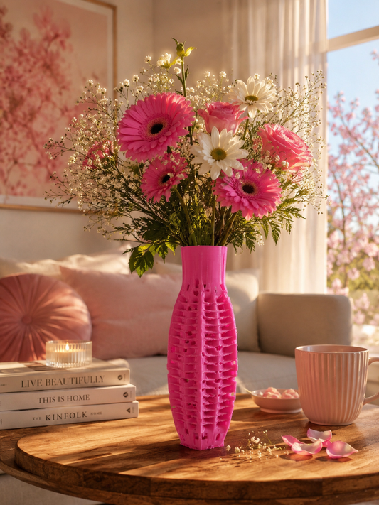 Modern pink Voronoi vase with fresh flowers displayed in an elegant living room. Perfect for luxury home decor, interior design and contemporary styling.