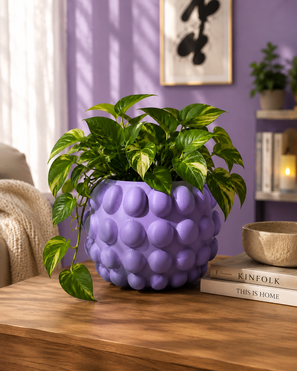Elegant purple bubble planter with lush green indoor plant displayed in a modern luxury living room. Contemporary 3D printed flower pot designed for stylish home decor, office decoration, minimalist interiors and modern plant lovers.