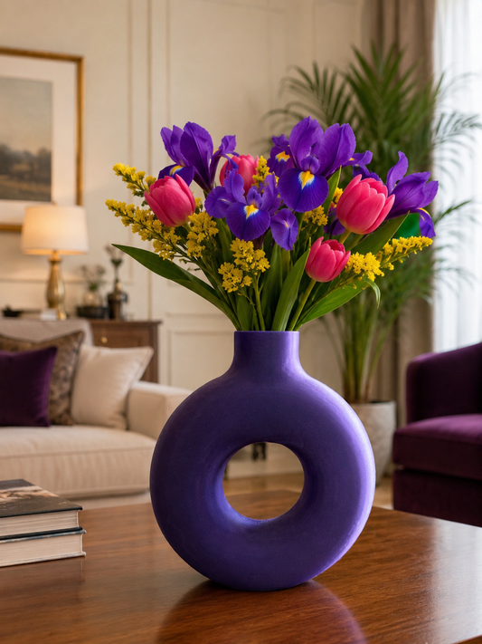 Elegant modern purple donut vase with vibrant colorful flowers displayed in a luxury living room. Premium 3D printed decorative vase for contemporary home decor, minimalist interiors, Scandinavian style, designer furniture, floral arrangements, coffee table decoration and modern living spaces.