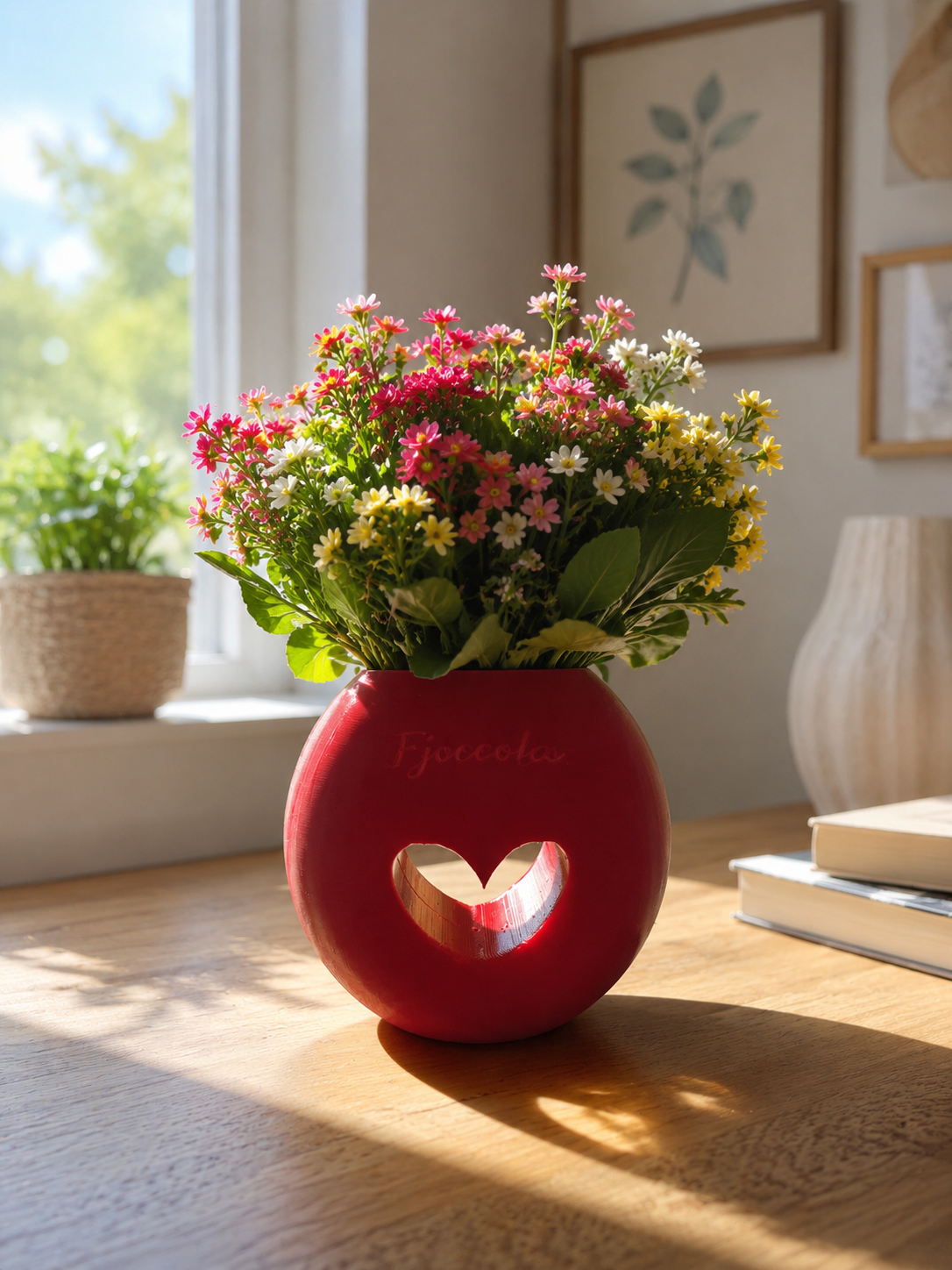 Elegant red 3D printed flower vase with heart-shaped design displayed in a modern living room. Perfect decorative vase for fresh flowers, artificial flowers, home decor, office decoration, unique gift ideas and contemporary interior design.