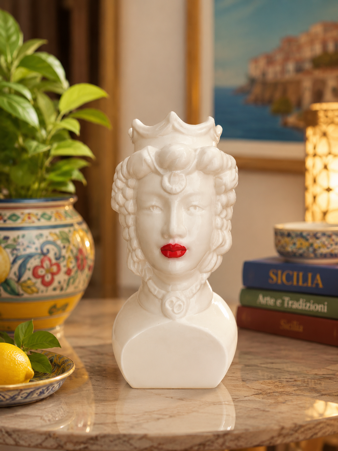 Elegant Sicilian Moor Head decorative planter and vase in premium 3D printed design, perfect for modern Mediterranean interiors, luxury home decoration, living room, office and shelf styling.