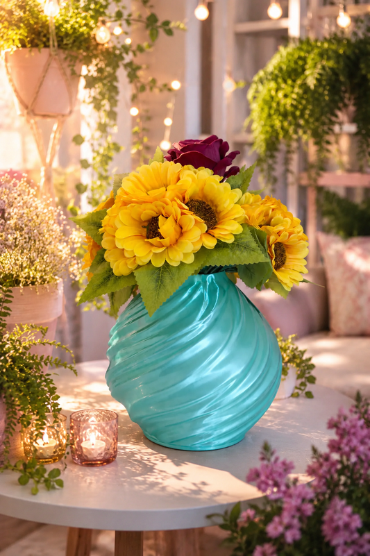 Modern turquoise designer vase with vibrant sunflowers, elegant home decor accessory for flowers, plants, living room, office and contemporary interior styling.