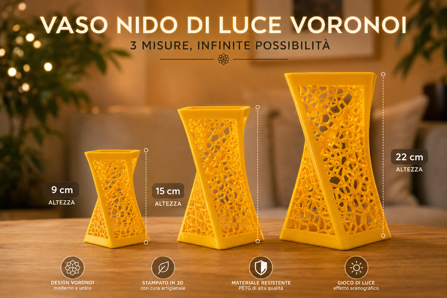 Elegant 3D printed Voronoi vase with flowers on coffee table, modern home decor accessory for contemporary living room interior design.
