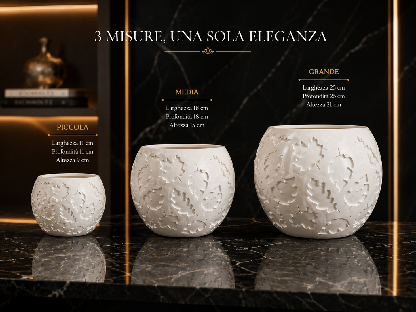 Modern white decorative planter available in three sizes for indoor plants, flowers and home decor, displayed on a luxury black marble surface.