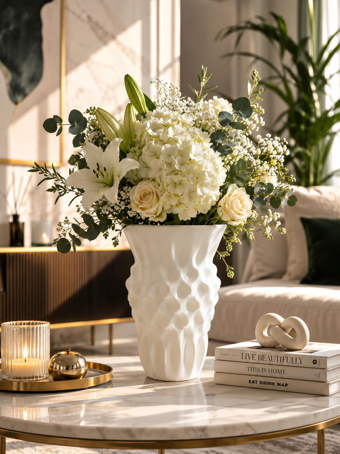 Elegant white 3D printed designer vase used as a luxury centerpiece with a lush green indoor plant. Modern home decor accessory for contemporary living rooms, dining tables, minimalist interiors, Scandinavian decoration and premium interior styling.