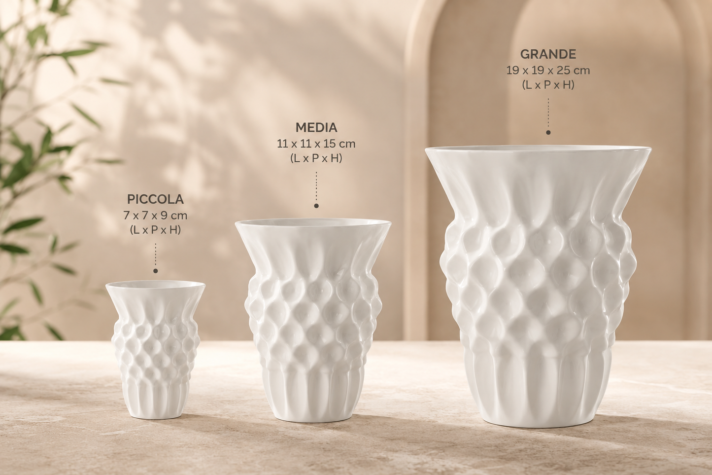 Three available sizes of the modern white 3D printed designer vase: Small, Medium and Large. Elegant decorative vase collection for flowers, indoor plants, dining tables, living rooms, offices and luxury contemporary home decor.