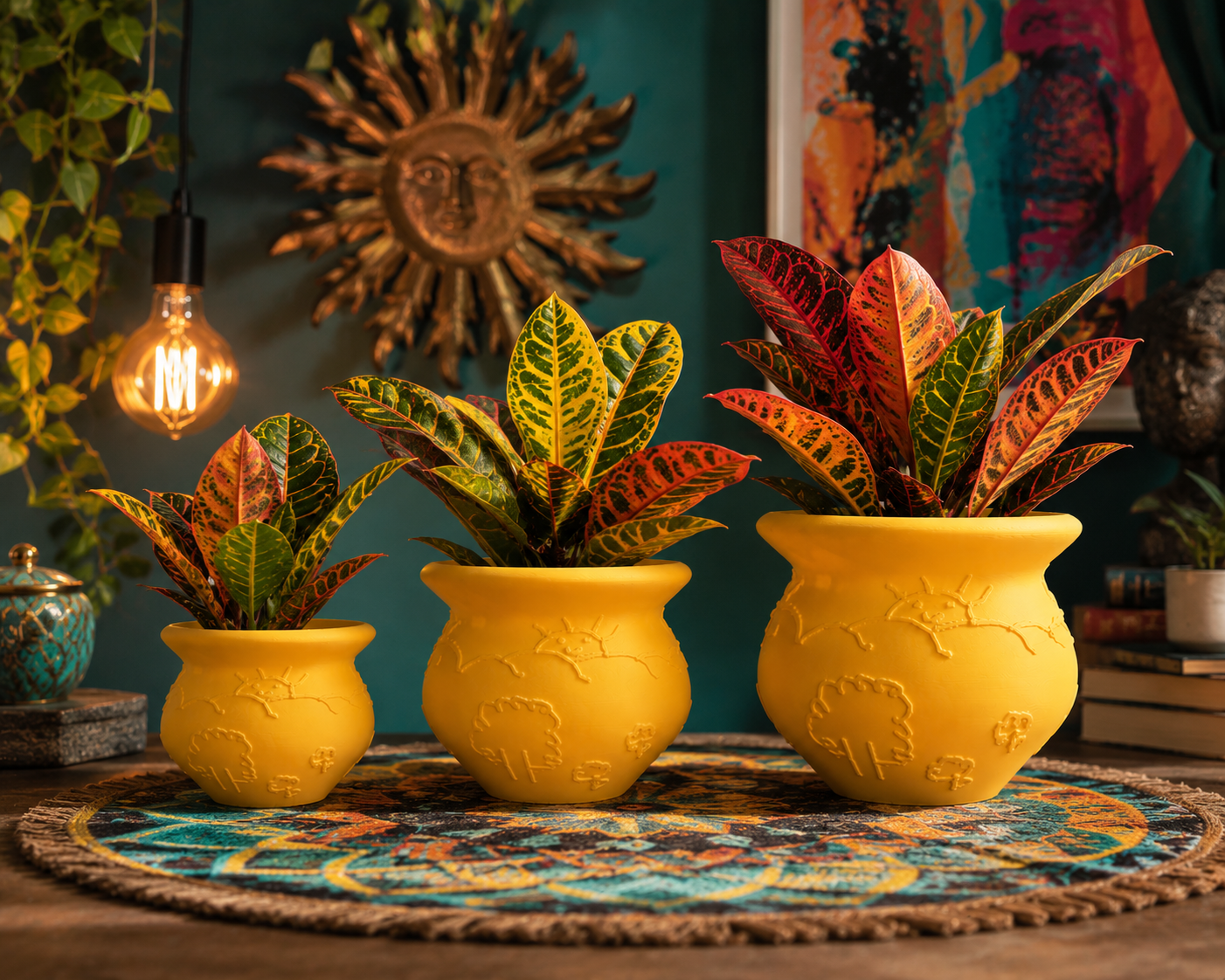 Elegant yellow designer flower pot with colorful indoor plant, perfect for luxury home decor, modern interiors, contemporary living spaces and unique gifts.