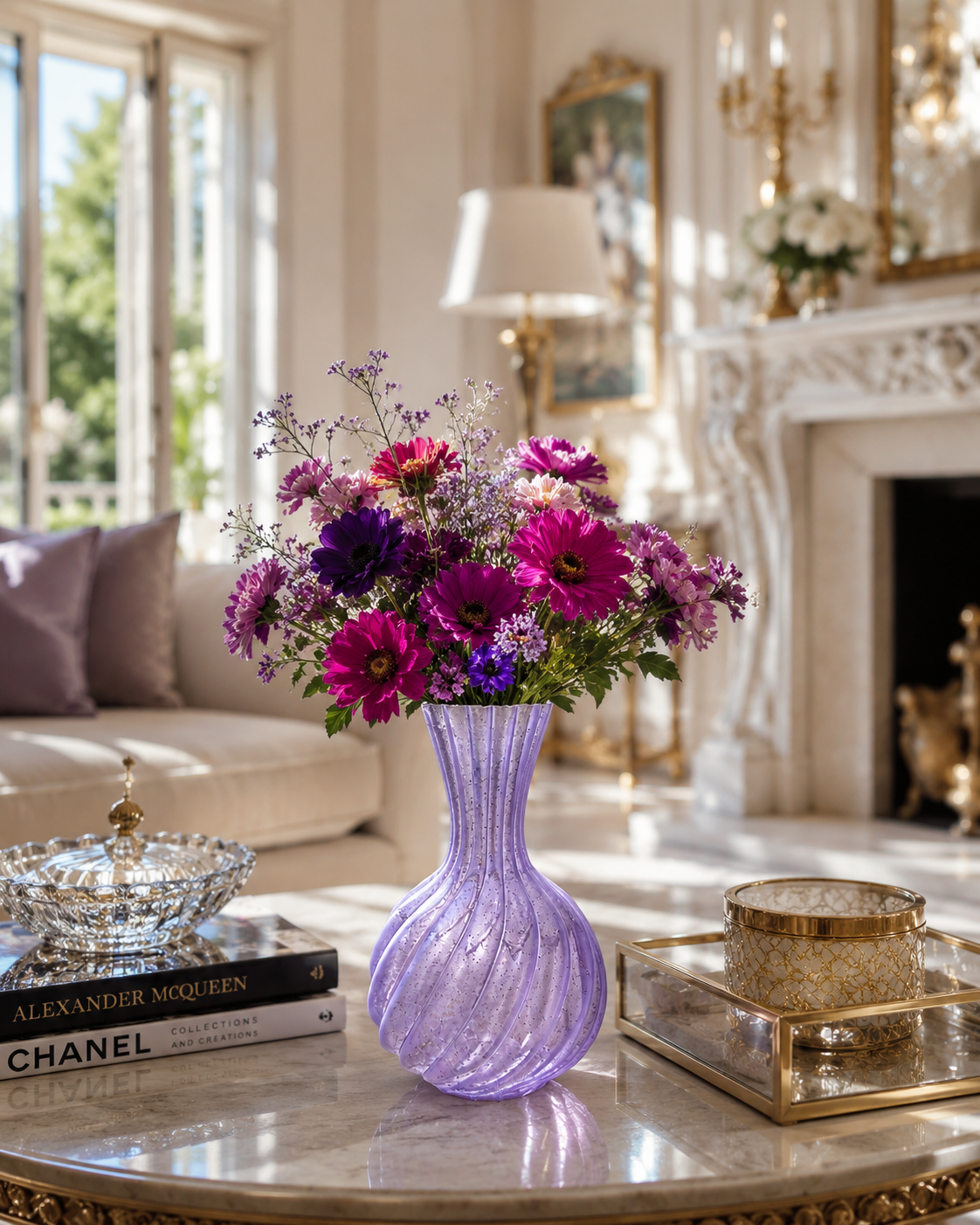 Luxury purple 3D printed flower vase with modern spiral design, elegant home decor accessory for living room, office and contemporary interior styling.