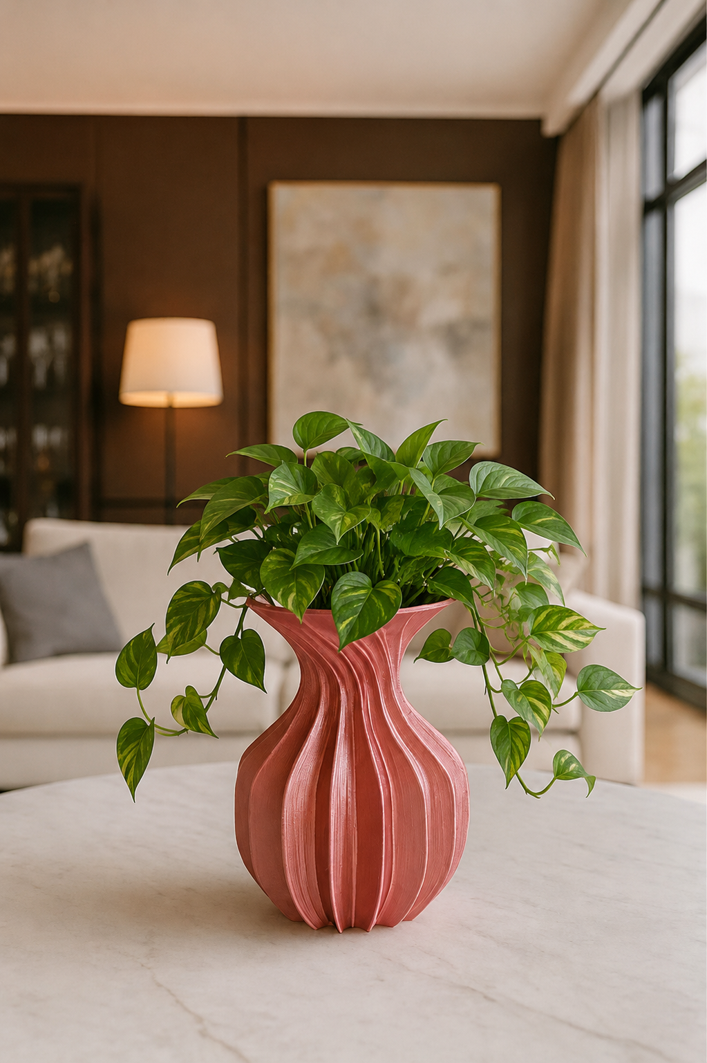 Modern pink decorative vase with green pothos plant on a living room table, contemporary home decor.