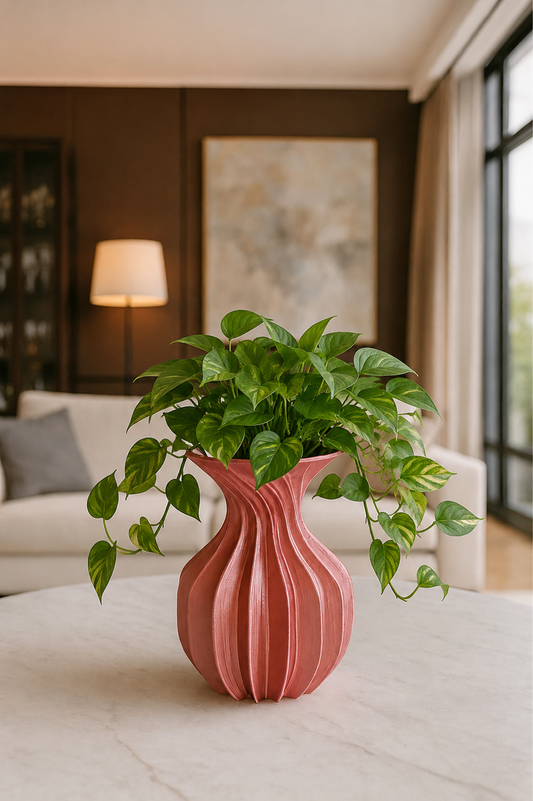 Modern pink decorative vase with green pothos plant on a living room table, contemporary home decor.