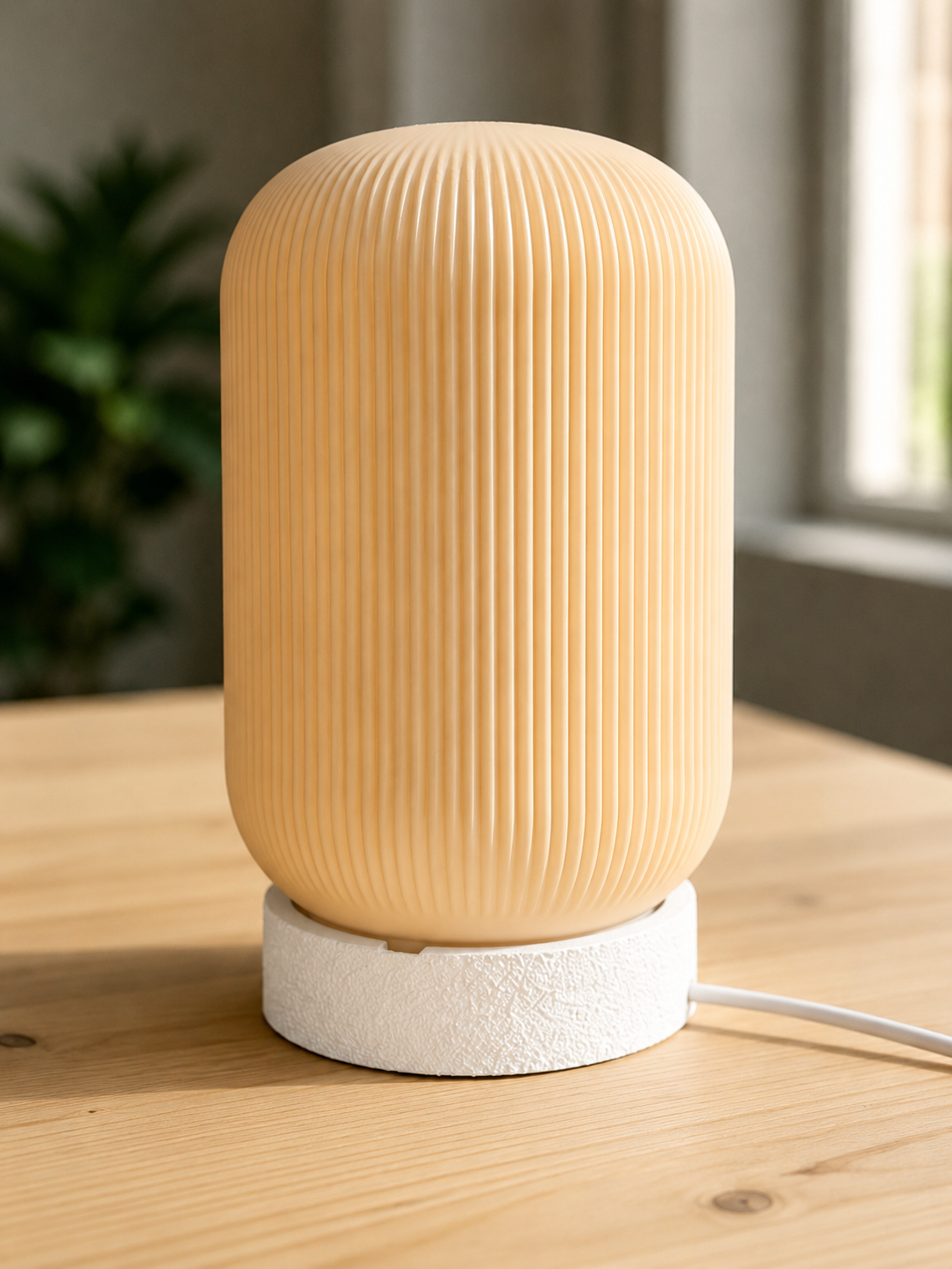 Modern 3D printed table lamp with a ribbed beige shade and textured white base, featuring a minimalist contemporary design for bedrooms, living rooms, bedside tables and elegant home decor.