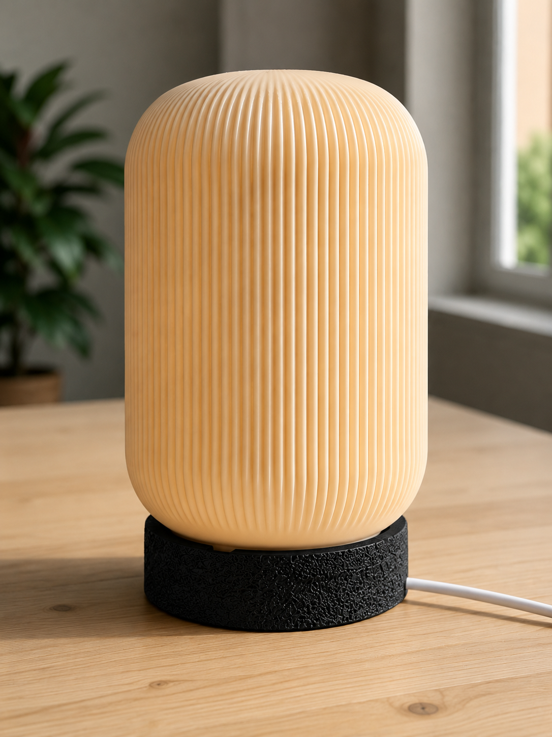 Modern 3D printed table lamp with a ribbed beige shade and textured black base, featuring a minimalist designer style ideal for bedrooms, bedside tables, living rooms and contemporary home decor.