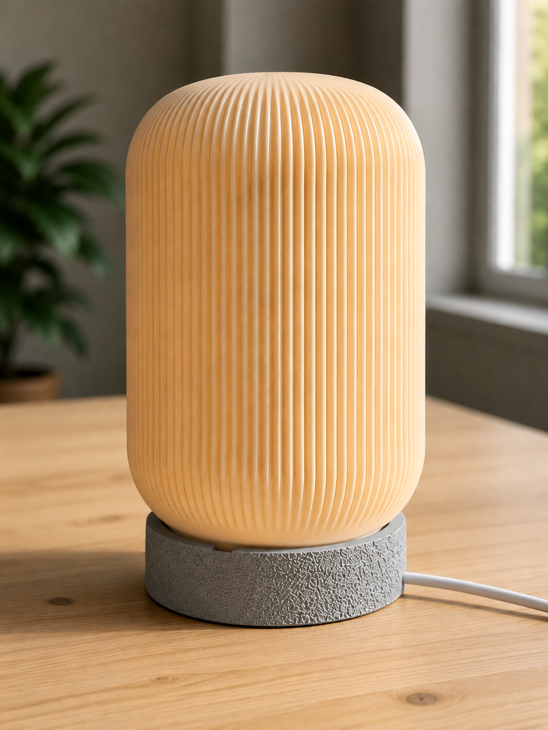 Modern 3D printed table lamp with a ribbed beige shade and textured grey base, featuring a minimalist contemporary design for bedrooms, bedside tables, living rooms and stylish home decor.