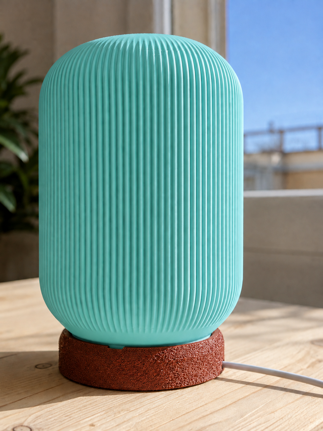 Modern 3D printed table lamp with a turquoise ribbed shade and textured brown base, featuring a contemporary minimalist design for bedrooms, bedside tables, living rooms and modern home decor.