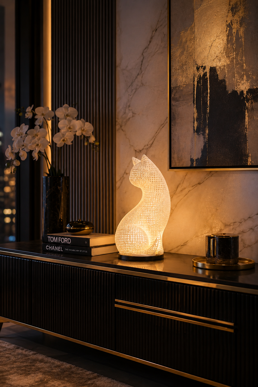 Elegante lámpara decorativa en forma de gato con cálida iluminación LED, expuesta sobre un moderno mueble de lujo. Ideal para una decoración sofisticada del hogar, salones contemporáneos, dormitorios, entradas y un diseño interior elegante. Una pieza de iluminación de diseño prémium que se convierte al instante en el punto focal de cualquier estancia.