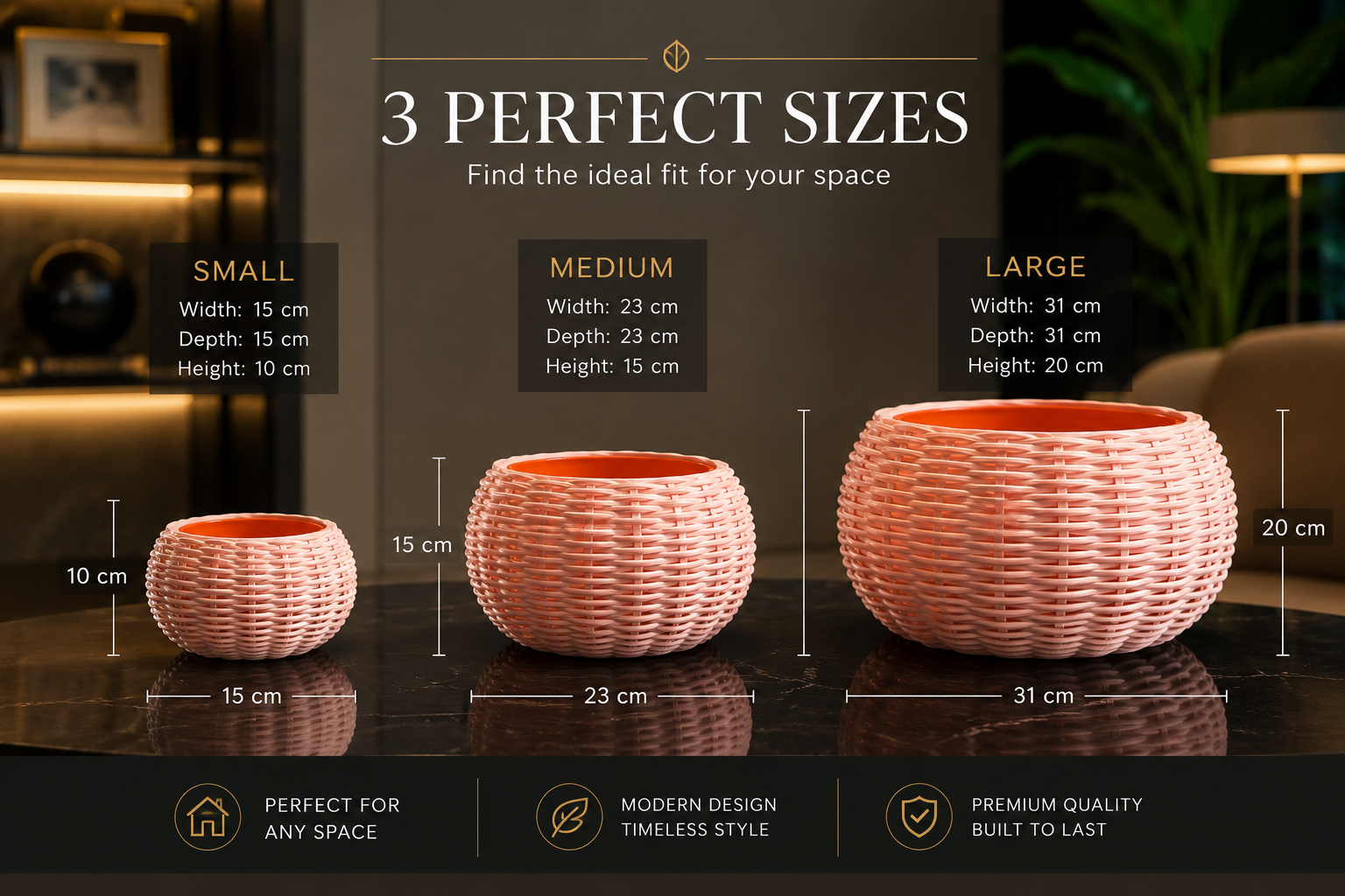Elegant modern designer planter available in three sizes: Small 15 × 15 × 10 cm, Medium 23 × 23 × 15 cm, and Large 31 × 31 × 20 cm. Featuring a distinctive woven-look exterior and contrasting inner container, this decorative indoor planter brings contemporary style to living rooms, offices and modern interiors.