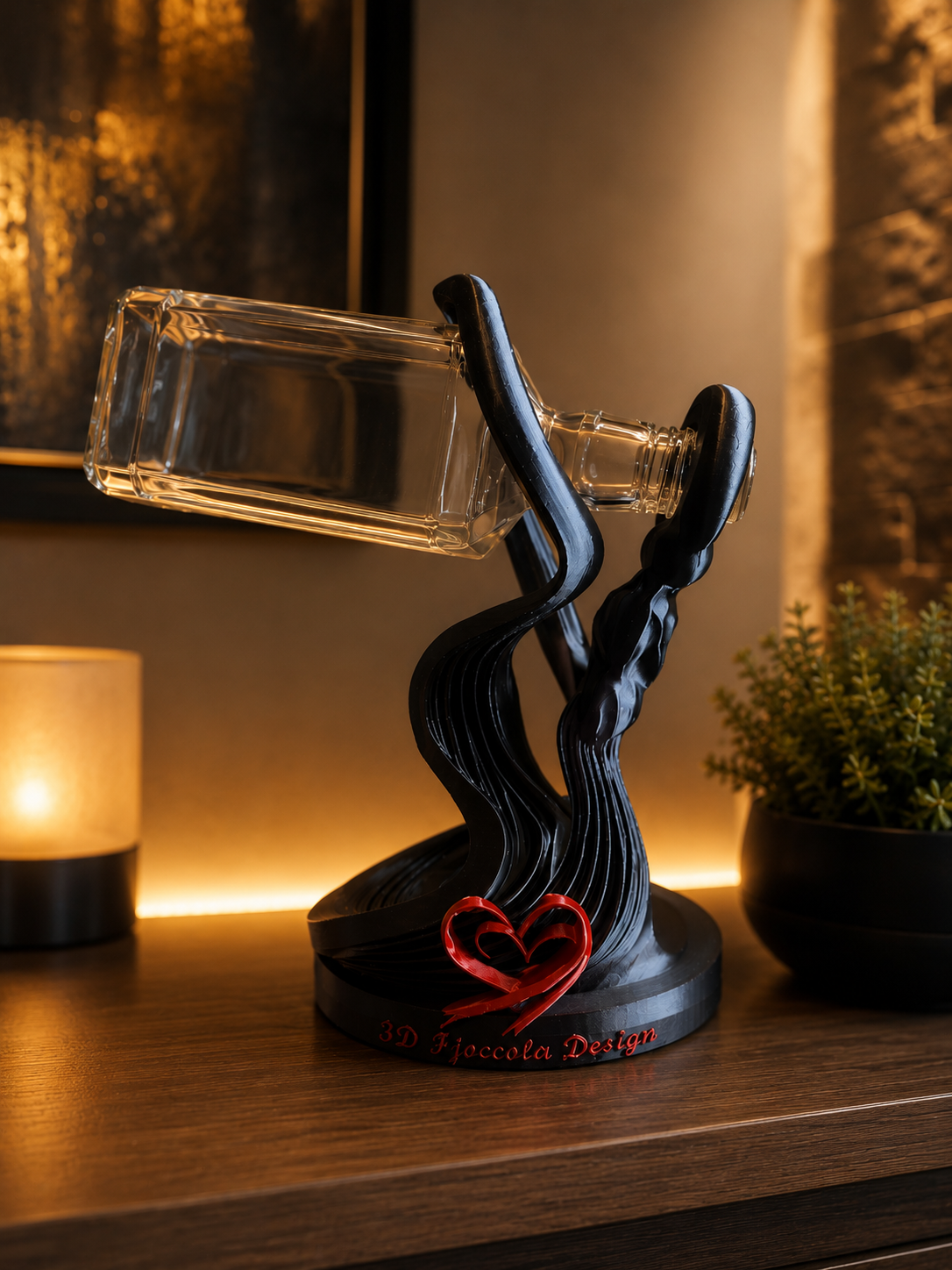 Premium floating wine bottle holder with elegant sculptural design, modern 3D printed wine rack for kitchen, dining room, home bar, restaurant and luxury interior decor. Unique gift for wine lovers and contemporary home decoration.
