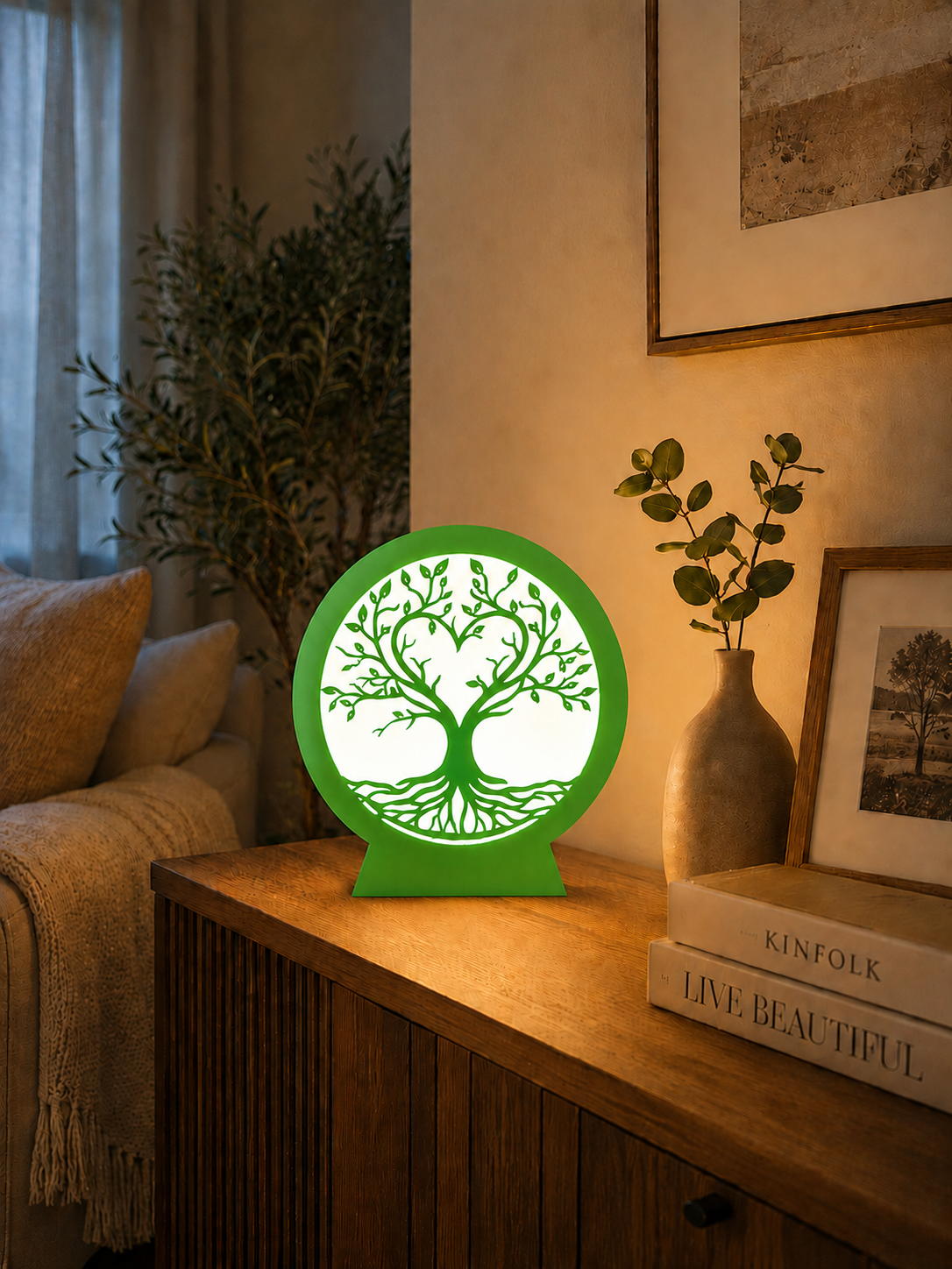 Luxury green Tree of Life LED lamp for elegant home decor, ambient lighting and unique gifts.