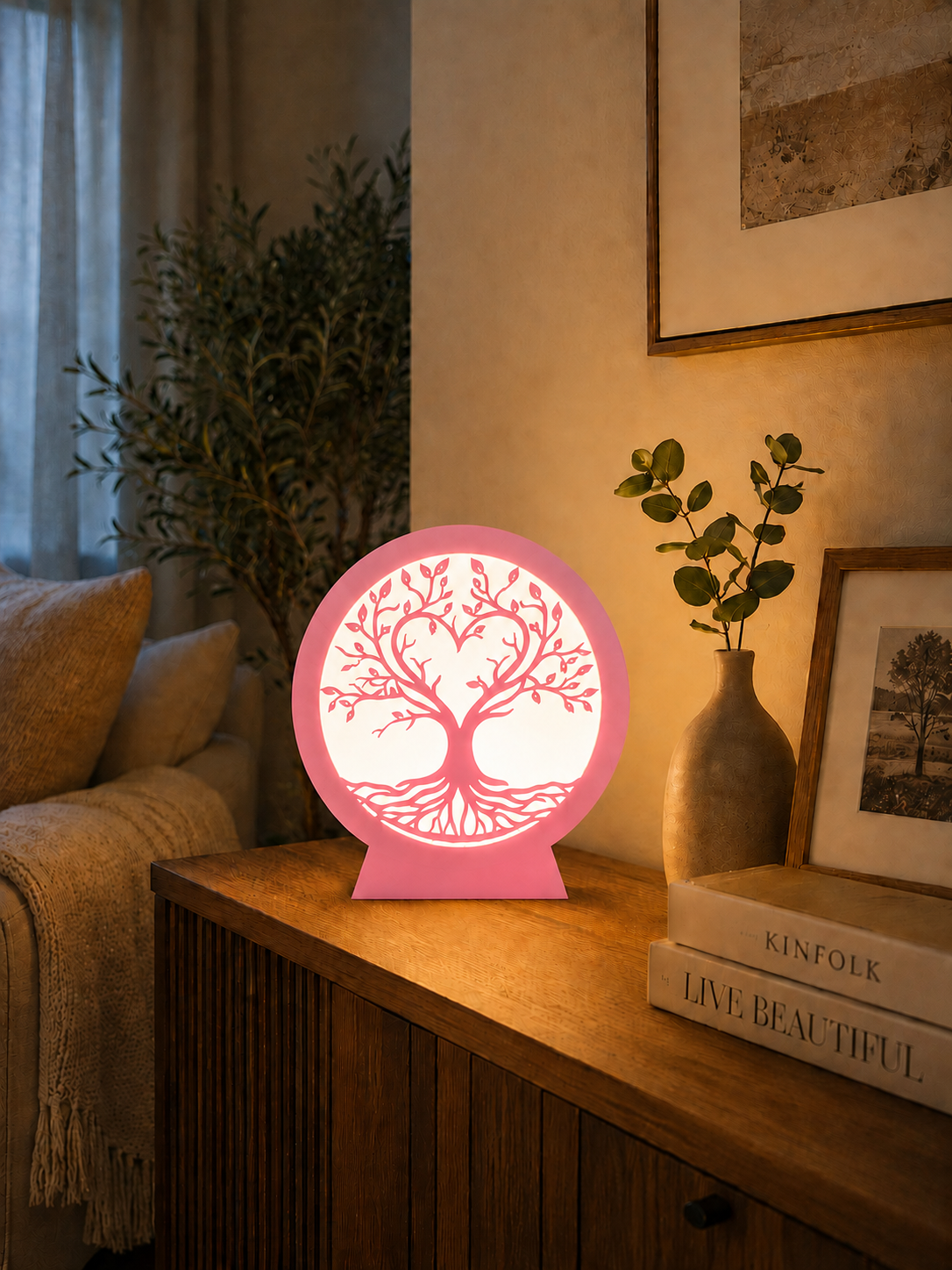 Luxury pink Tree of Life LED lamp for elegant home decor, ambient lighting and unique gifts.