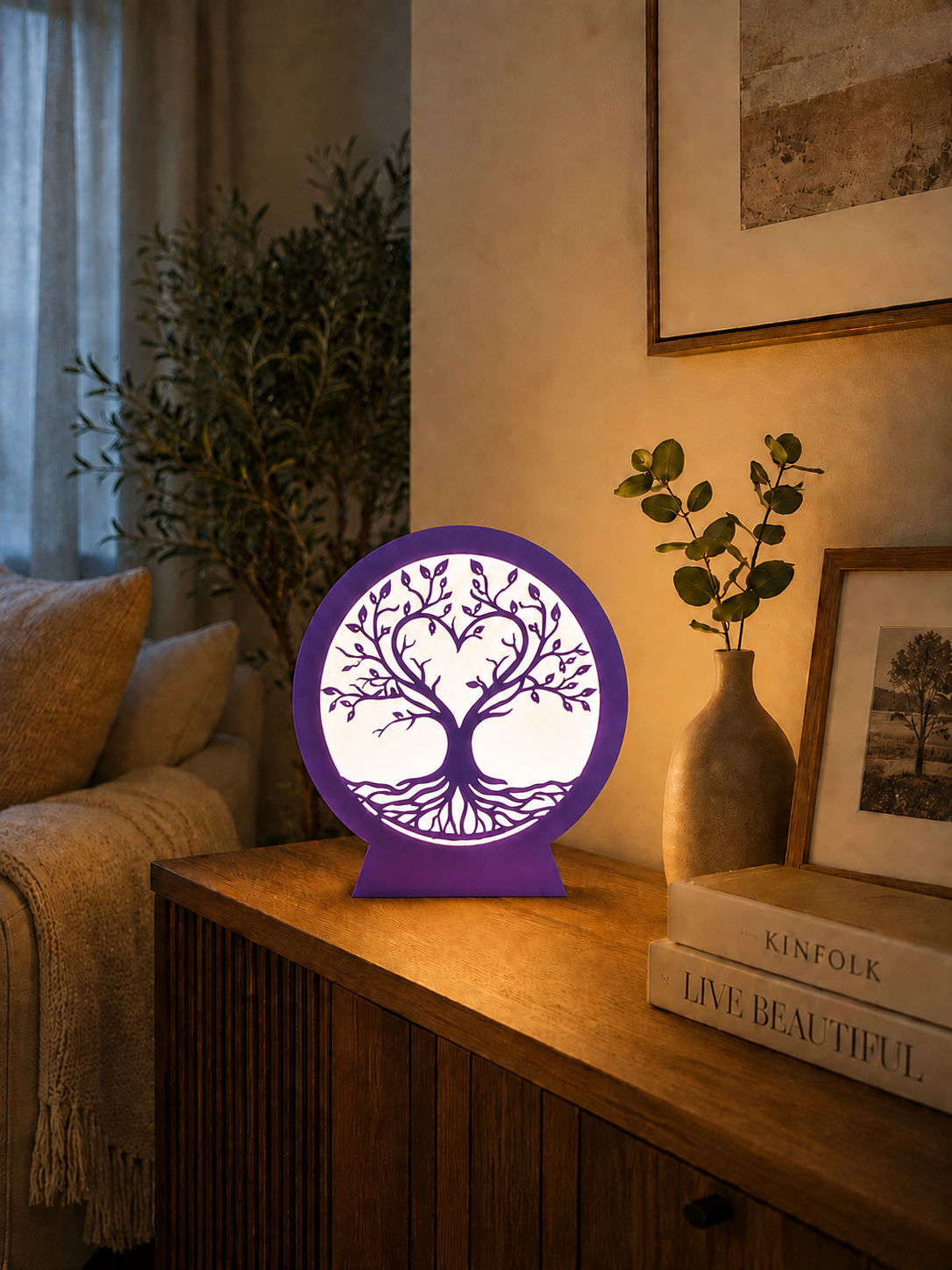 Luxury purple Tree of Life LED lamp for elegant home decor, ambient lighting and unique gifts.