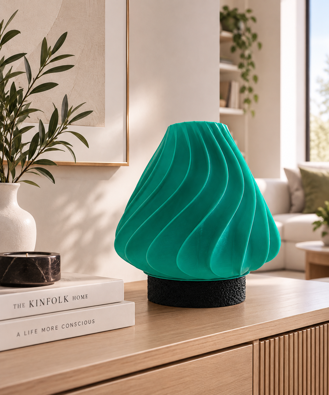 Turquoise sculptural table lamp with flowing spiral wave details and a textured black base, styled on a wooden console in a bright, elegant contemporary interior.