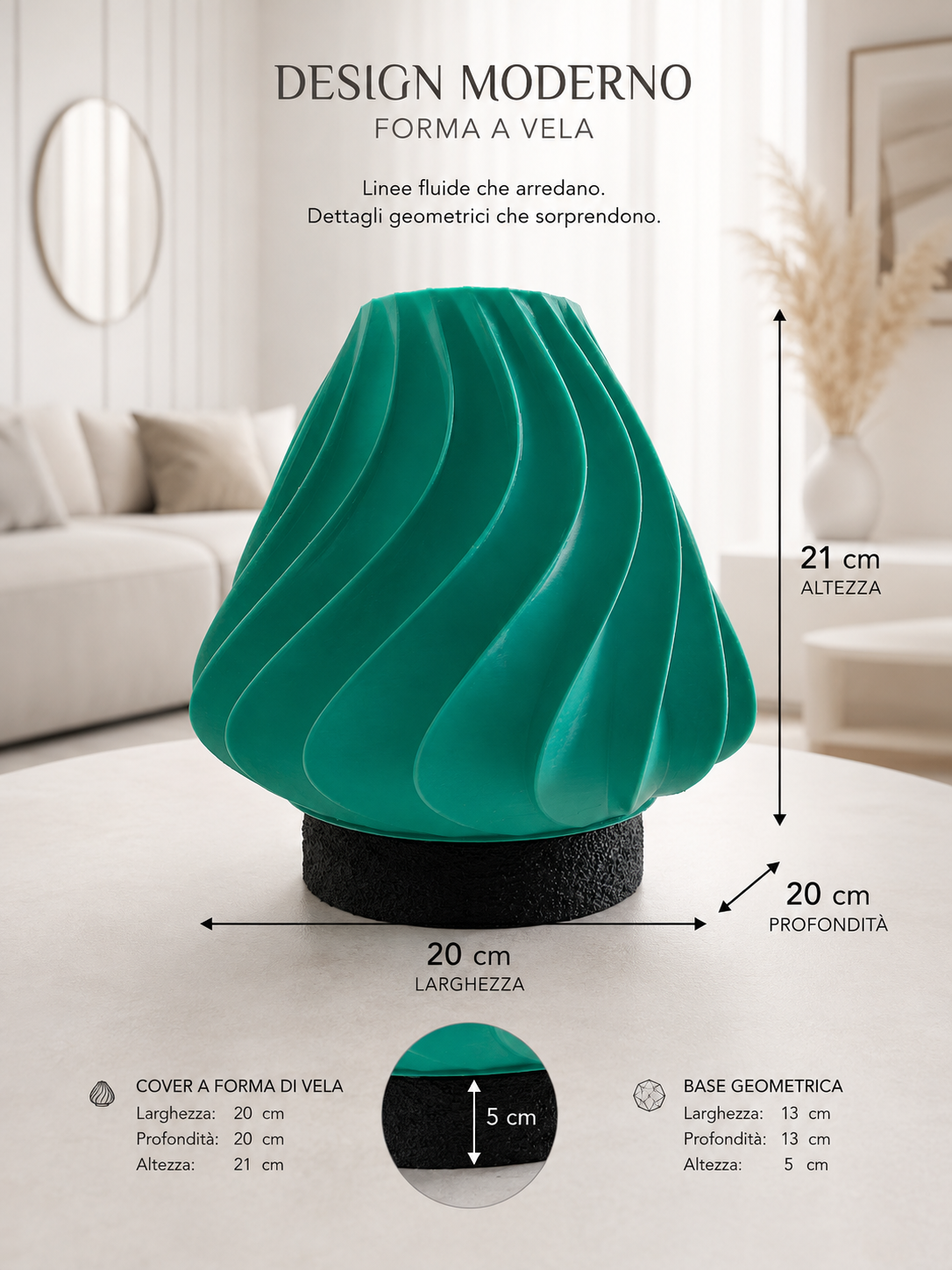 Modern turquoise sculptural table lamp with flowing wave details and a textured black geometric base. The shade measures 20 cm wide, 20 cm deep and 21 cm high, with a 13 × 13 × 5 cm base.